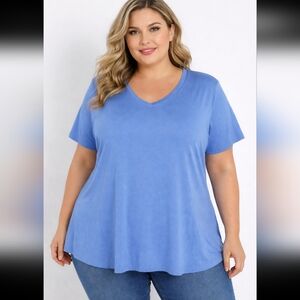 H BY HALSTON Women 2X V-Neck Short Sleeve Stretchy Slinky Solid Blue Top A306231